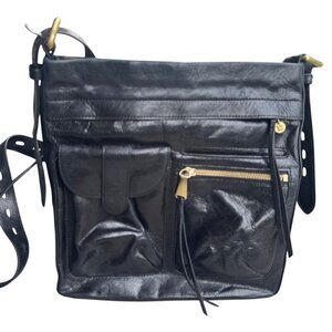 Hobo Black Leather Crossbody Bag With Multiple Pockets & Adjustable Strap